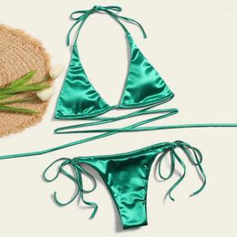 Women's Swimwear 2 Pcs/Set Women Bikini Set Halter Neck Lace Up Summer Solid Color Spaghetti Strap Three-point Bathing Suit