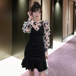 Work Dresses Autumn Winter Black Vintage Fashion Two Piece Set For Ladies See Through Flower Blazer Blouse And Ruched Slip Dress Women Suit