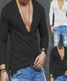 New Style Fashion Men Casual Sleeve Slim Fit Shirts Deep V Neck Long Line Shirt Top TShirt3819925