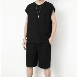 Fashionable solid waffle casual mens summer thin two-piece set Korean ultra-thin vest shorts set ice silk sleeveless basketball set 240430