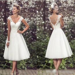 Elegant Tea-Length Wedding Dresses 2023 Vintage Retro V Neck Cap Sleeves Appliques Lace Tulle Ball Gown Short Wedding Dresses 2678