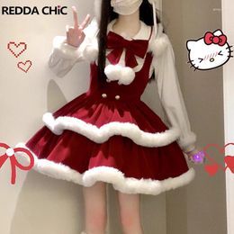 Work Dresses ReddaChic Velvet Red Women 2-piece Set Sailor Collar Blouse Shirt Bow Stitch Pom Mini Dress Winter Fur Trim Lolita JSK