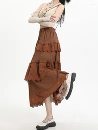 Skirts Korean Fashion Long Skirt For Women High Waist Flounced Edge Patchwork Pleated Autumn Casual Ladies Drop