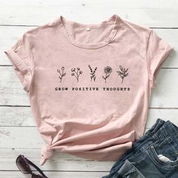 Women's T-Shirt Grow Positive Thoughts T-shirt Vintage Women Floral Cotton Print Tops Summer Inspired Slogan Graphic Boho Mental Health Ts Y240509