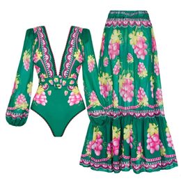 2024 Women Swimwear 2PC Cover-up Swimsuit Ruffle Dongbei Printed Deep V One-piece Monokini Kimono Bikini Suit Summer Beachwear 240509