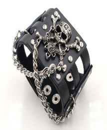 Unisex Rock Rivet Wide Cowhide Skull Bracelet Punk Leather Hollow Cuff Bangle Black Leather Dance Bracelet5977803