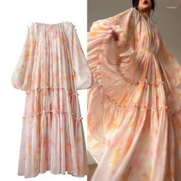 Casual Dresses Elegant French Spring Flower Print Holiday Midi Dress 2024 Women O Neck Pink Ruffles Beaded Lace Up Loose Chiffon Vestido