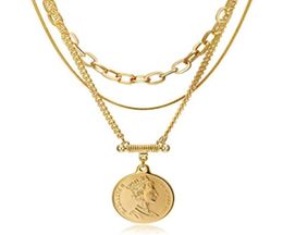 Layered Choker Necklace Gold Plated Coin Pendant Multilayer Disc Chunky Paperclip Link Chain Layering Chains8966828