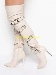 Boots Stiletto In Bone Multi-Buckle Over The Knee Zipper Thigh High Solid Pointy Toe White Custom Made Runway Dress