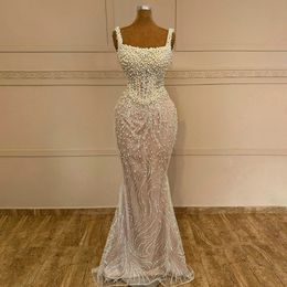 Luxury Mermaid Wedding Dresses 2024 Spaghetti Strap Pearls Beaded Sequin Floor Length Bridal Formal Gowns Vestidos De Noiva Customed