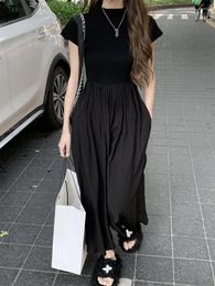 Party Dresses Black Round Neck Maxi Dress Women Summer Korean Slim Patchwork Short Sleeve Long With Pockets