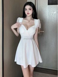 Urban Sexy Dresses 2023 Summer Womens Sexy Mature Lace Splice Short Sleeve Deep V Low Cut Fashion Waist Deep Drawing Solid A-line Dress 2ZW6 d240510