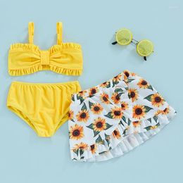 Clothing Sets Kids Girl Swimsuits And Cover-up Summer Floral Tie Dye Print Camisole Bra Elastic Shorts Ruffle Skirt Set