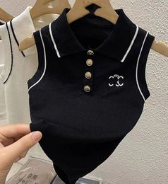 2024 Polo neck knitwear women's summer short slim Sprice sleeveless T-shirt French style retro vest top