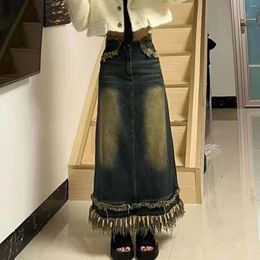 Skirts Rough Selvedge Harajuku Midi Long Denim Women's Skirt High Waist Retro Vintage Blue Summer Goth Y2k Grunge Casual Bandage