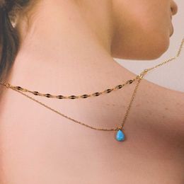 designer Titanium Steel Blue Tear Necklace Small and Clever Aobao Blue Water Droplet Sparkling Double Layer Collar Chain for Women Plated with Gold Colour Protection