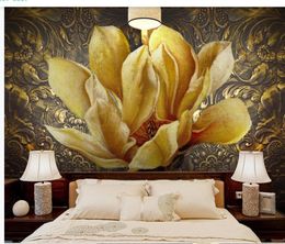 Metal oil painting flower embossed gold flower 3D stereo TV background wall modern wallpaper for living room2480267