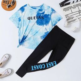 Clothing Sets Two Piece Set Of Cute Tie Dyed Letter Printed Short Sleeved Pants For Summer Girls And Daily Leisure Party Wear