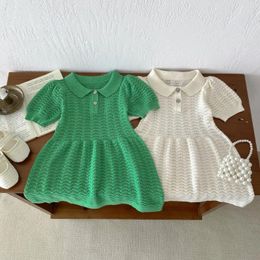 Girl Dresses 2024 Summer Baby Girls Dress Cotton Knitted Hollow Solid Short Sleeve Infant Breathable Cool Toddler