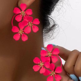 Dangle Earrings Women Neon Pink Colour Flowers Earring Stud Yellow Paiting Flower Sweet Summer Holiday Girls Post Trendy Elegant