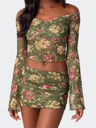 Work Dresses CHRONSTYLE Retro Women Floral Ruched 2 Piece Outfits Off Shoulder Long Sleeve Lace T-shirts Crop Tops Mini Skirts Sets