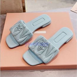 Designer miui Womens Slippers Square Flat Sandals Summer Leather Flats Comfort Shoes Walking Shoes Seaside Flip-Flops 35-41