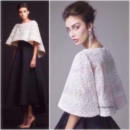 Arabic Black White Krikor Jabotian Pearls Evening Two Pieces Ankle Length Beaded Lace Prom Jacket Formal Party Dresses 0510
