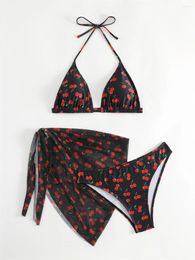 Women's Swimwear Black Cherry Bikini String Triangle Sexy Swimsuit Thong Mesh Cover-up Three-Piece Women Bikinis Beach Bathing Suit