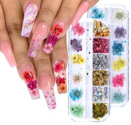 12 Grid Dried Flower Glitter Sequins Nail Art Decals Kits Dry Mini Real Natural Flowers Supplies 3D Applique Decoration Sticker fo6711244