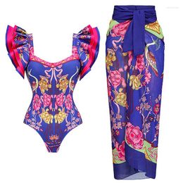 Women's Swimwear Sexy Women 2024 Ruffle Shoulder Swimsuit With Cover Up Push Biquini Bathsuit Bodysuit Beachwear Dress Monokini Kimo