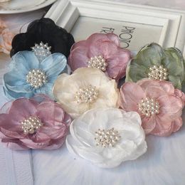 Decorative Flowers 5Pcs 7.5CM Organza Chiffon Fabric Flower Beads Centre Handmade DIY Artificial Headwear Dress Hairpin Shoes Decor