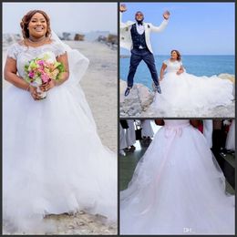 2020 Summer Lace Cap Sleeves A Line Beach Bridal Gowns With Pink Ribbon Sash Tulle Puffy Wedding Dresses Gorgeous Plus Size Wedding Dre 3020