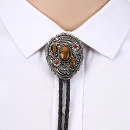 Tiger eye stone leaf bolo tie for man cowboy western cowgirl leather rope zinc alloy necktie 2614