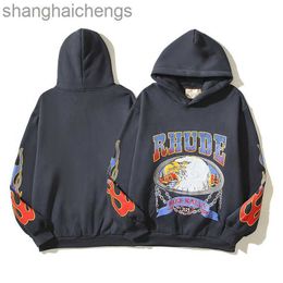 Luxury Counter Top Grade Designer Rhuder Hoodies 2024 Early Spring Eagle Flame Printed Velvet Hooded Hoodie Unisex Batch with Logo