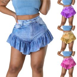 Women's Shorts WomenS New Versatile Skirt Shorts Pants With Puff Tassel Personality Sexy Ruffle Imitation Denim Print Shorts Ropa De Mujer Y240504