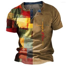 Men's T Shirts Vintage Summer T-Shirt 3D Plaid Print Short Sleeve Pullover Street Oversized Clothing Tops V Neck Button Up Outdoor