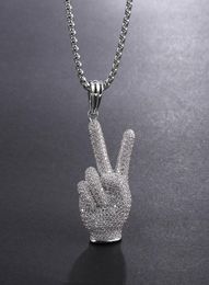 Hip Hop Full A CZ Stone Paved Bling Ice Out Victory Gesture Pendants Necklace for Men Rapper Jewellery Silver Color1208340