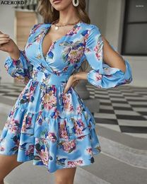 Casual Dresses Europe And The United States 2024 Waist Deep V Invisible Zipper Fork Flower Sleeve Dress