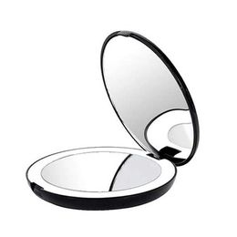 Compact Mirrors Portable folding mirror with LED light makeup 10X magnifying glass 12 beads mini black Q240509
