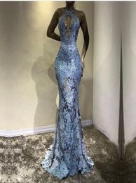 Light Sky Blue Lace Mermaid Prom Dresses Halter Keyhole Neck Illusion Sexy Long Evening Dresses Party Dresses Sweep Train7358805