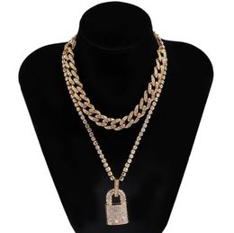 Light Luxury Full DiamondStudded Lock Pendant Necklaces Fashion Exaggerated Retro Personality Multilayer Hiphop Punk Style Cuba9859381