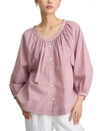 Women's Blouses Oversize Peasant Shirt Blouse Women Lantern Sleeve Cotton French Style Button Down Tops Light Weight