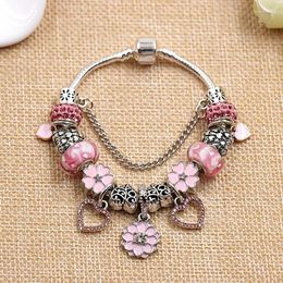 Charm Bracelets Romantic Pink Heart Pendant Enamel Flower Bead & Bangles For Women Girl Diy Jewellery Gift