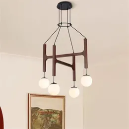 Chandeliers Porada ASTRA Wood Chandelier Retro Multi Head Milk Glass Light Minimalist Restaurant Living Room Dining Linear Hanging Lamp