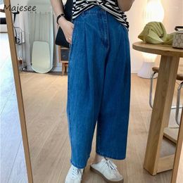 Women's Jeans Wide Leg Women Blue Summer Loose Ankle-length High Waist Washed Students Casual All-match Pockets Trousers Bottoms Baggy