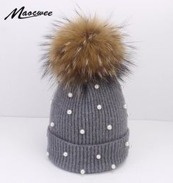 Wool Beanies Women Real Natural Fur Pom Poms Fashion Pearl Knitted Hat Girls Female Beanie Cap Pompom Winter Hats for Women7210250