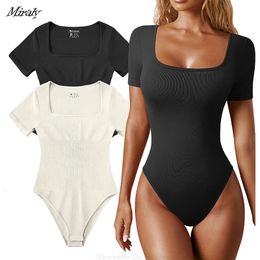 Seamless Shaperwear Womens Bodysuits Sexy Ribbed One Piece Square Neck Short Sleeve Tummy Control Body Shapers Belly 240428