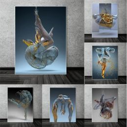 Abstract Metal Figure Statue Canvas Painting Poster and Prints Golden Portrait Sculpture Wall Picture for Living Room Home Decor