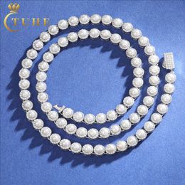 Trendy Men Jewelry 8mm White Gold 925 Sterling Silver Vvs Moissanite Diamond Surround Set Imitation Pearl Tennis Chain Necklace