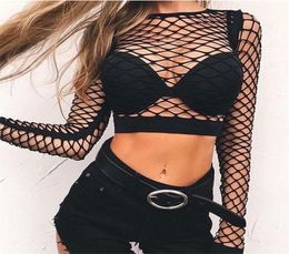 Black Mesh Tshirt Women Tops Long Sleeve Tees Oneck t shirt chemise femme Casual Fishnet Top shirt female Hollow Out Crop Top 22058941241
